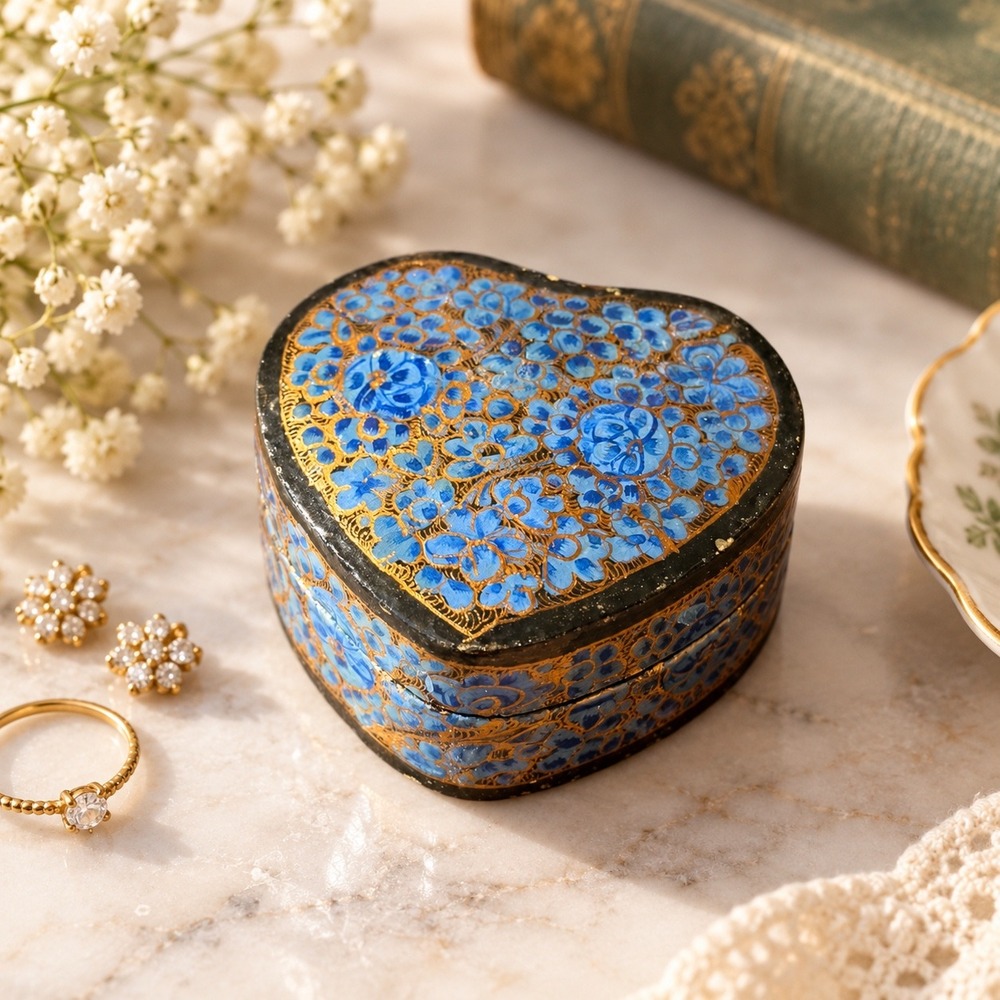 Vintage Kashmiri Papier Mache Heart Trinket Box Blue Gold Floral Lacquerware